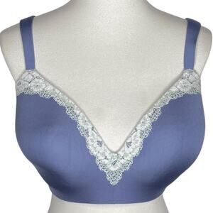 Cacique Bra Blue Simply Wire Free T-Shirt Lightly Lined Lace Trim Padded 42DD